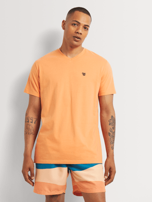 Men's Relay Jeans Slim Fit Basic Branded V-neck Coral  T-Shirt