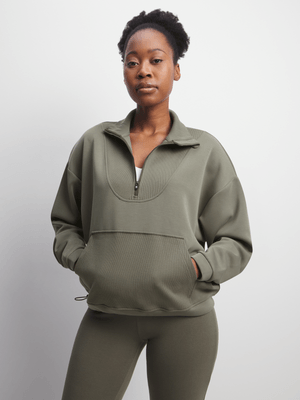 Womens TS 1/2 Zip Olive Funnel Sweat Top