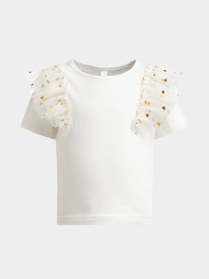 Younger Girl's White Mesh Trim T-Shirt