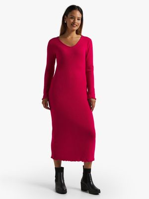 Women's Cerise Ribbed Midi Dress