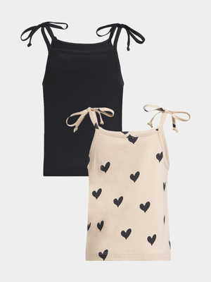 Older Girl's Black & Heart Print 2-Pack Camis