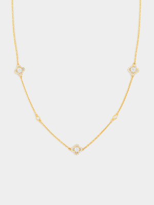 Yellow Gold Cubic Zirconia Solitaire Clover Bead Necklace