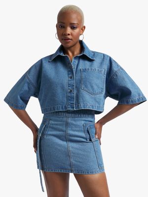 Women's Light Wash Oversized Cropped Denim Shirt