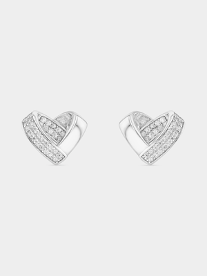 Sterling Silver Cubic Zirconia Crossover Open Heart Stud Earrings