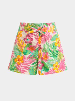 Younger Girl's Green & Pink Tropical Shorts