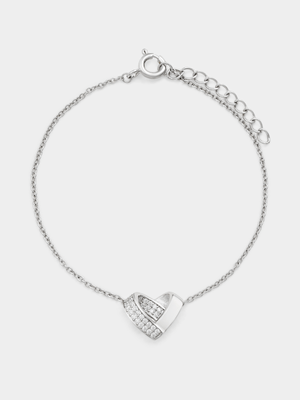 Sterling Silver Cubic Zirconia Crossover Heart Bracelet