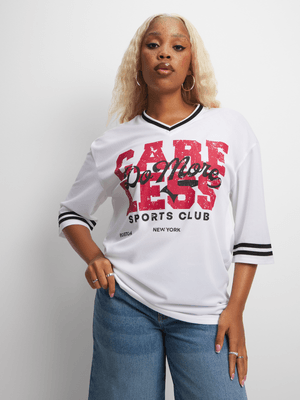 Women's White Oversized Birdseye Graphic Top