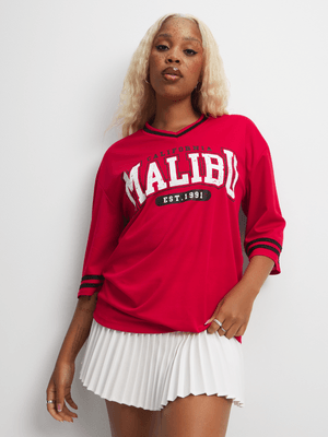 Women's Red Oversized Birdseye Graphic Top