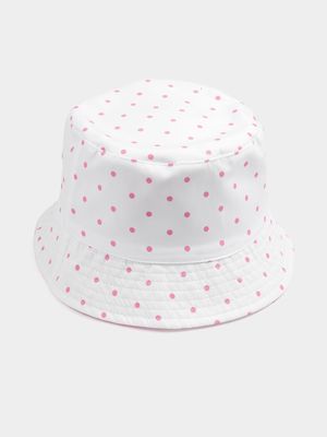 Girl's White & Pink Dot Reversible Bucket Hat