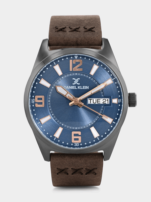 Daniel Klein Gunmetal Plated Blue Dial Brown Leather Watch