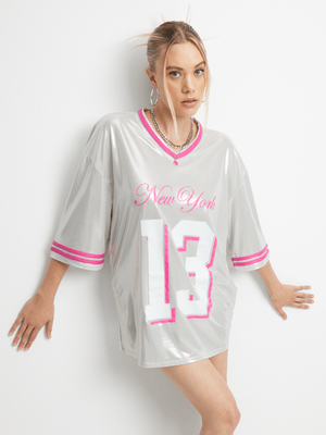 Women's Silver Foil Oversized Birdseye Graphic Top With Pink Print