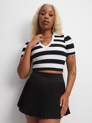 Women's Black & White Stripe Johnny Collar Top