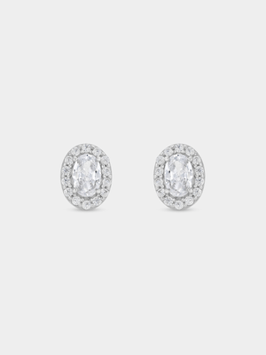 Sterling Silver Cubic Zirconia Oval Halo Stud Earrings