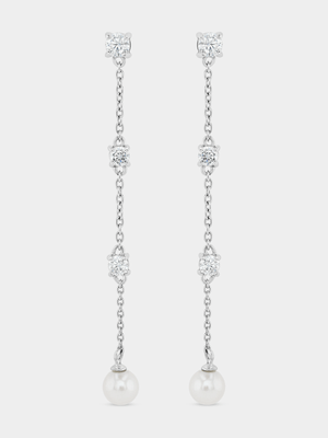 Sterling Silver Freshwater Pearl & Cubic Zirconia Long Drop Earrings