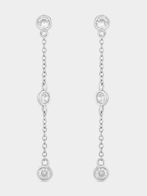 Sterling Silver Cubic Zirconia Round Bezel Dainty Drop Earrings