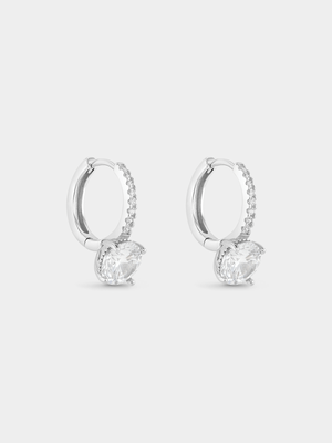 Sterling Silver Cubic Zirconia Solitaire Pavé Hoop Earrings