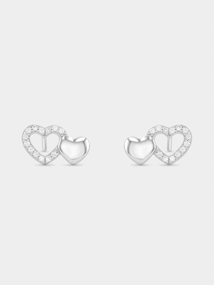 Sterling Silver Cubic Zirconia Dual Heart Stud Earrings