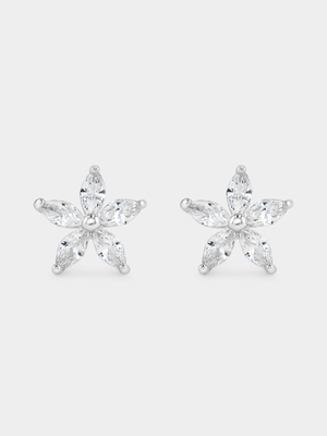 Sterling Silver Cubic Zirconia Marquise Flower Stud Earrings