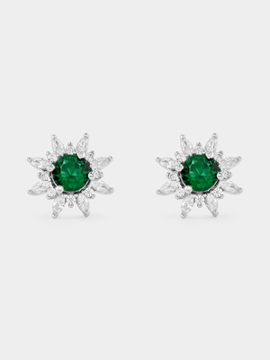 Sterling Silver Cubic Zirconia Emerald Halo Stud Earrings