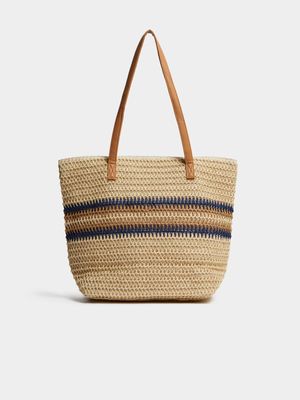 Women's Natural Blue Stripe Straw Shopper Bag