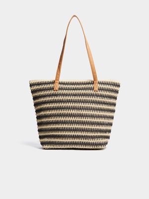 Women's Natural & Black Straw Shopper Bag