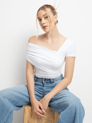 Women's White Assymetric Wrap Top