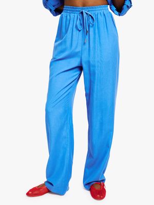 Women's Me&B Marine Blue Straight Leg Linen Pants