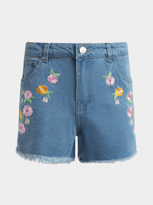 Jet Younger Girls Blue Flower Embroidered Denim Shorts