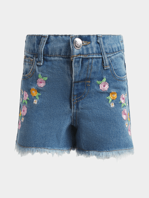 Jet Younger Girls Blue Flower Embroidered Denim Shorts