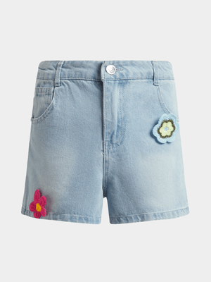 Jet Younger Girls Blue Crochet Flowers Denim Shorts