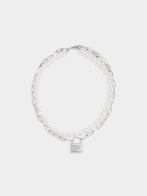 Men's Silver Pearl and Lock Chain