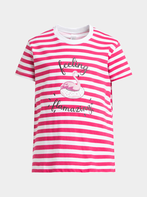 Younger Girl's Pink Striped Graphic Print T-Shirt