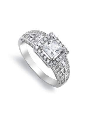 Sterling Silver Cubic Zirconia Milgrain Princess Ring