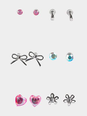 Girl's Silver & Pink 6-Pack Stud Earrings