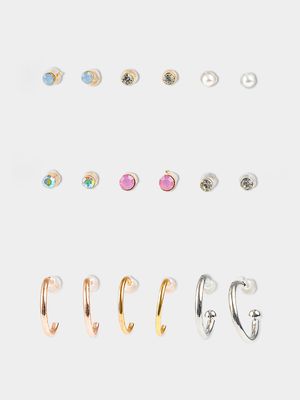 Girl's Gold 9-Pack Stud & Hoop Earrings