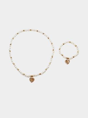 Girl's Gold Bead Necklace & Bracelet Set