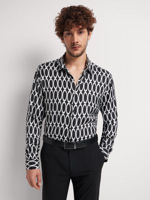 Men's Markham Slimfit Geo-Pattern Satin Black/White Shirt