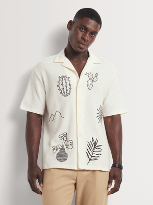 Men's Markham Button Through Textured Crepe Embroidery Ecru Shirt