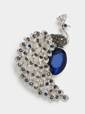 Silver & Deep Blue Diamante Peacock Pin Brooch