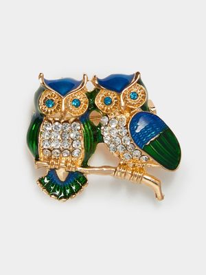 Green & Blue Two Owl Pin Brooch