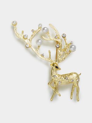 Brushed Gold & Faux Pearl Reindeer Pin Brooch