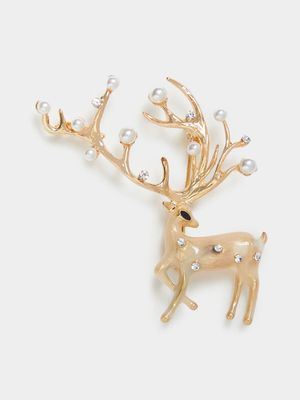 Enamel Reindeer with Faux Pearl Detail Pin Brooch