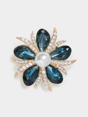 Gold & Deep Sky Blue Flower Pin Brooch