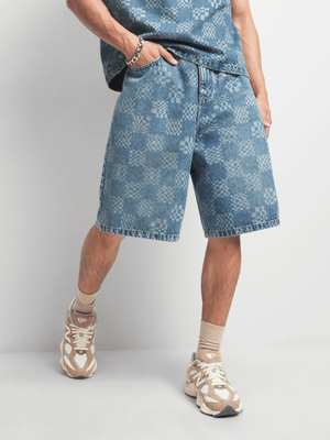 Men's Blue Checkered Bermuda Denim Shorts