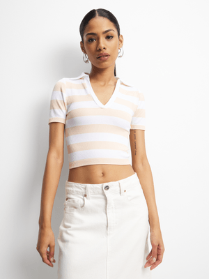 Women's Natural & White Stripe Johnny Collar Top