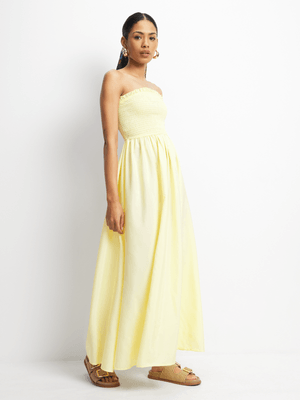 Women's Yellow Satin Ruched Bandeau Maxi Dress