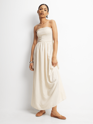 Women's Natural Satin Ruched Bandeau Maxi Dress