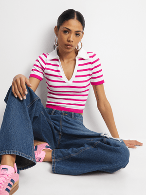 Women's Pink & White Stripe Johnny Collar Top