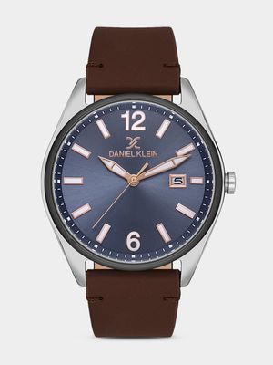 Daniel Klein Silver & Black Plated Blue Dial Brown Leather Watch