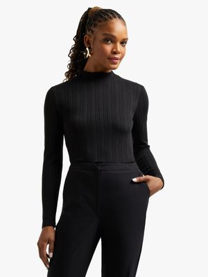 Women's Black Textured Turtleneck Top